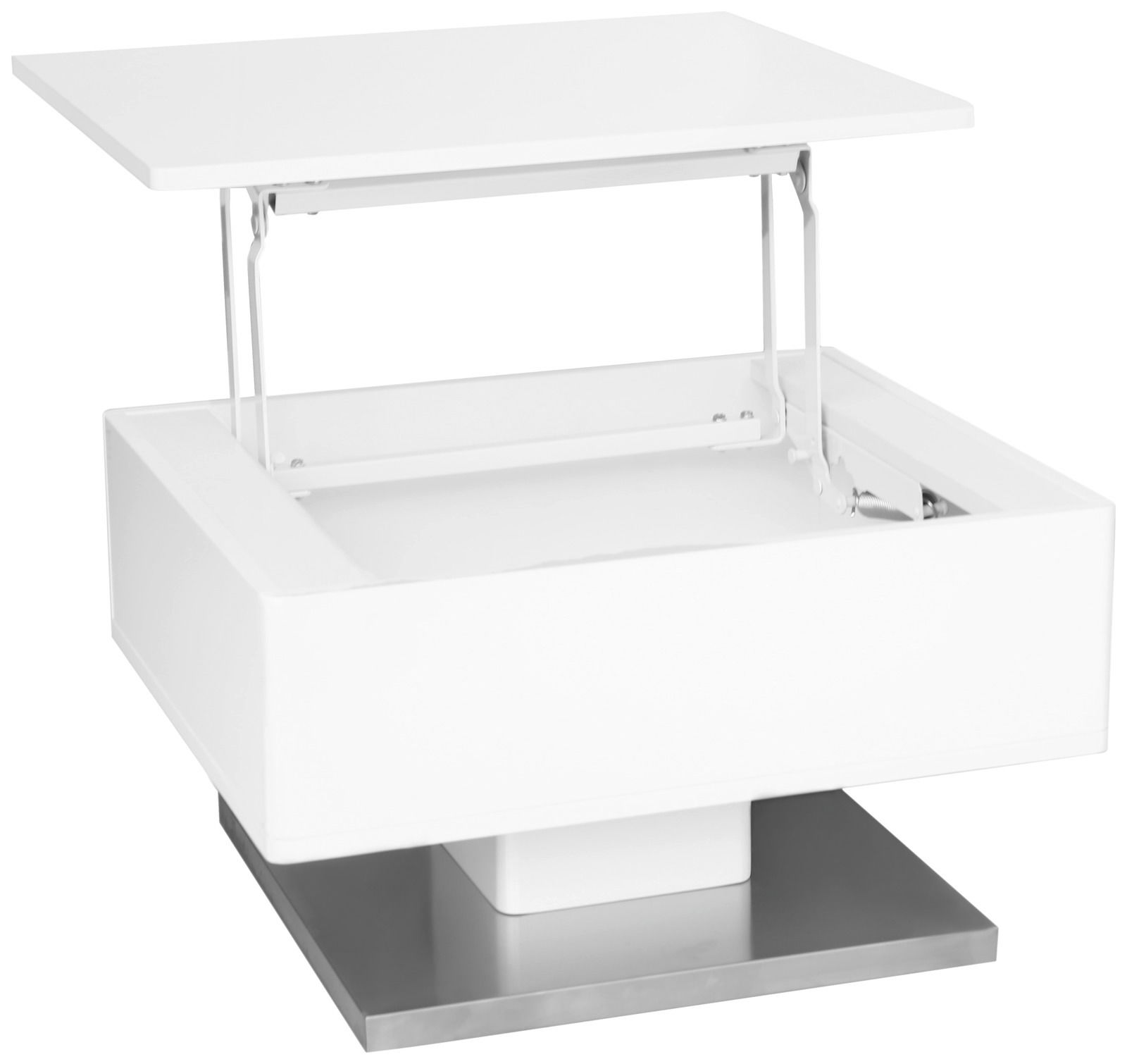 Moderner weißer Couchtisch mit verstellbarer Tischplatte, seitliche Perspektive