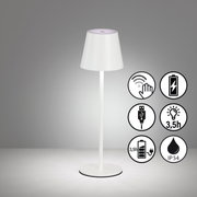Weiße Akku-Tischleuchte VILETTO mit modernem Design, Touch-Bedienung und USB-Ladefunktion, seitliche Perspektive