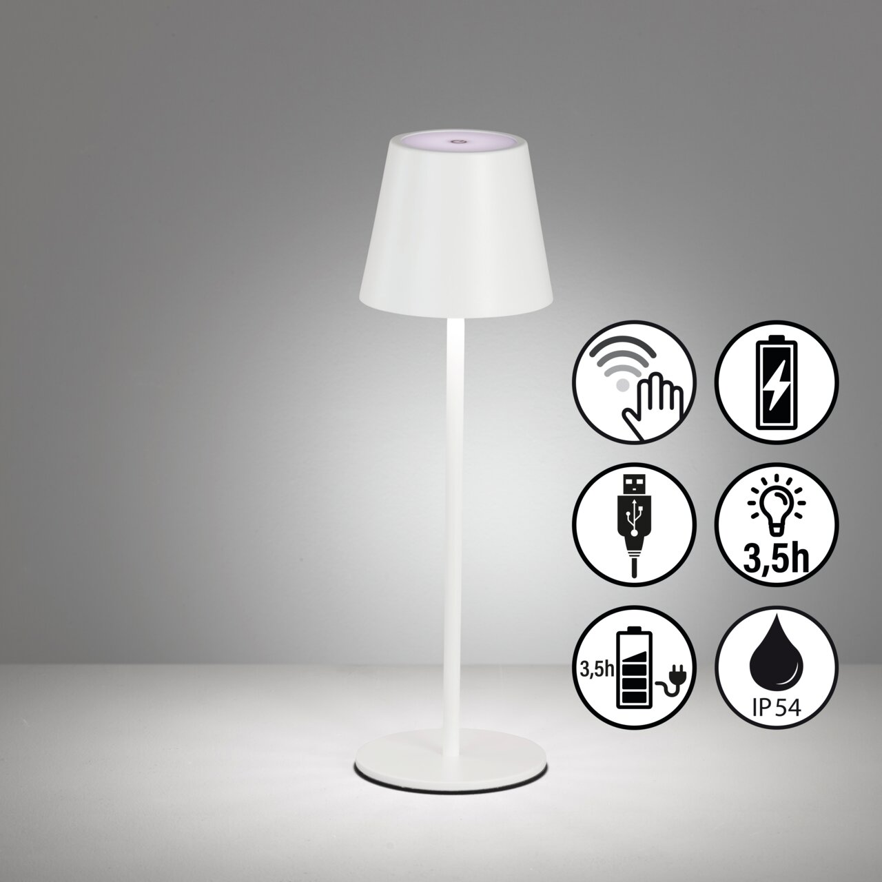 Witte VILETTO-tafellamp op accu met een modern ontwerp, aanraakbediening en USB-oplaadfunctie, zijaanzicht