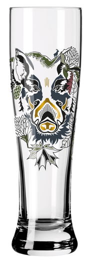 Weizenglas mit kunstvollem Wildschwein-Design, frontal abgebildet.