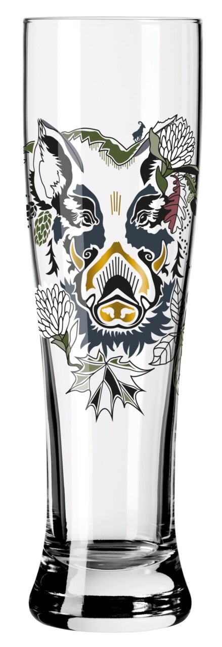 Weizenglas mit kunstvollem Wildschwein-Design, frontal abgebildet.