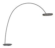 Elegante LED-Bogenleuchte in seitlicher Perspektive mit schlankem, gebogenem Design und rundem Lampenschirm.