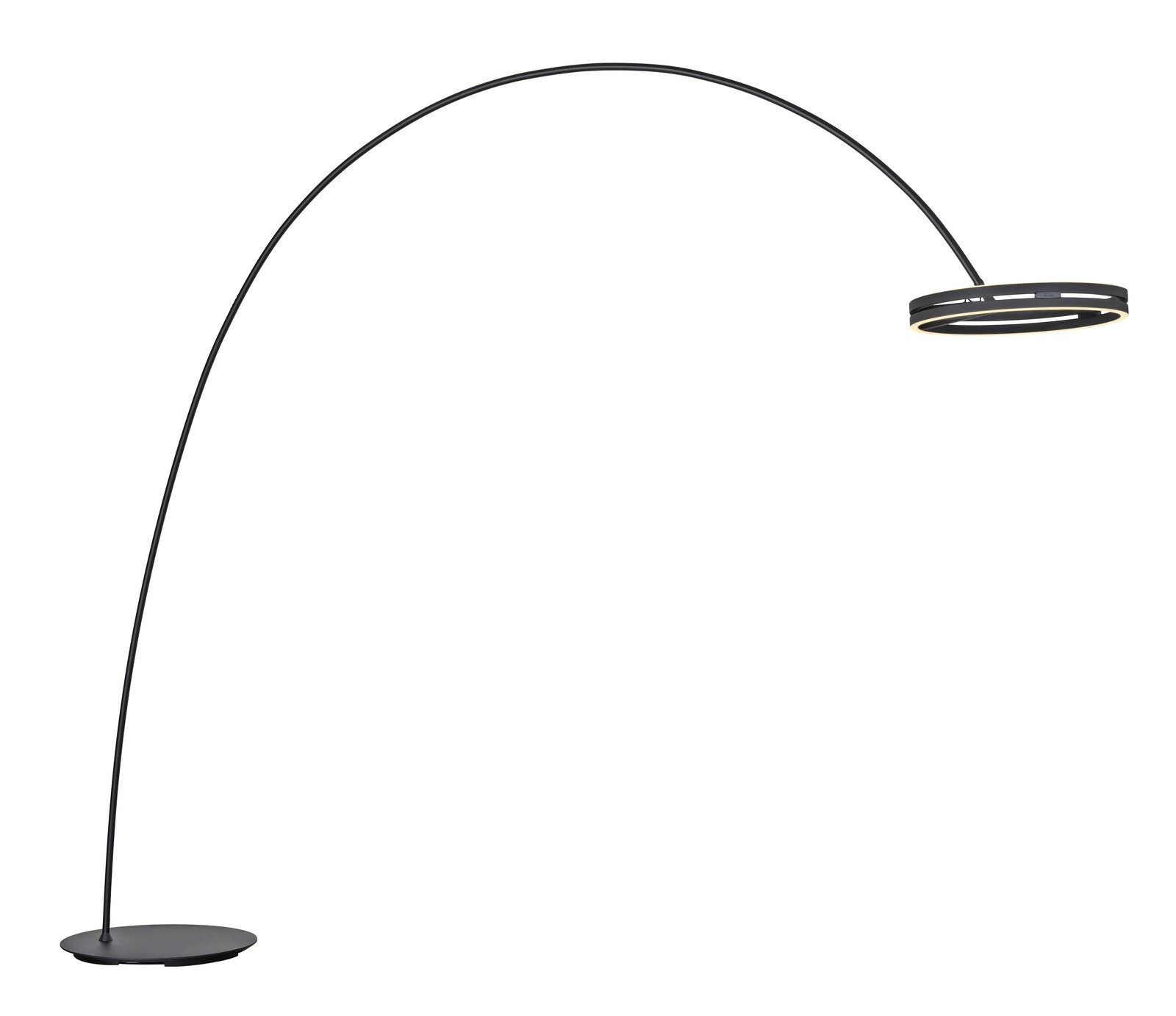 Elegante LED-Bogenleuchte in seitlicher Perspektive mit schlankem, gebogenem Design und rundem Lampenschirm.