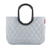 Graue Tasche mit Rautenmuster und schwarzen, ovalen Griffen, Vorderansicht
