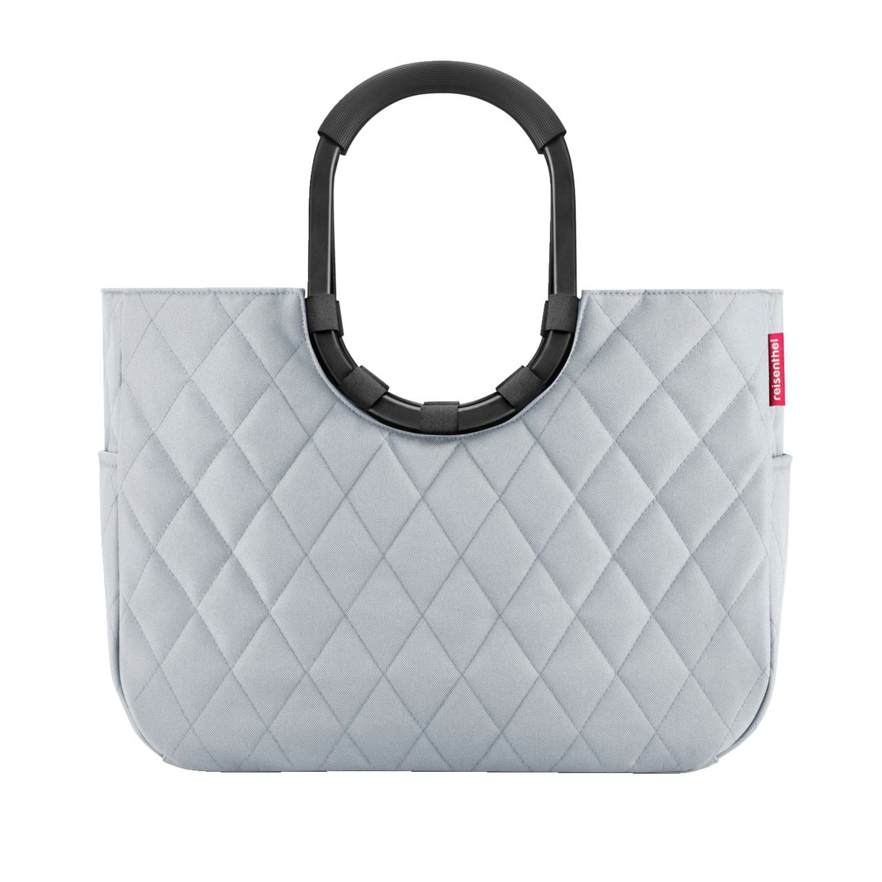 Reisenthel Loopshopper L frame rhombus Graue Tasche mit Rautenmuster und schwarzen, ovalen Griffen, Vorderansicht