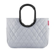 Graue Tasche mit Rautenmuster und schwarzen, ovalen Griffen, Vorderansicht