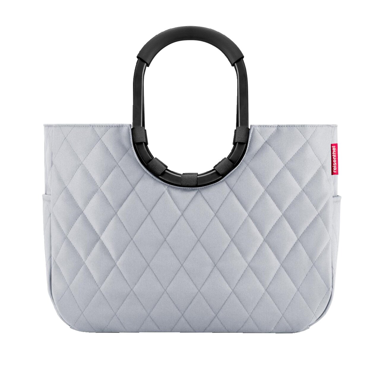 Graue Tasche mit Rautenmuster und schwarzen, ovalen Griffen, Vorderansicht
