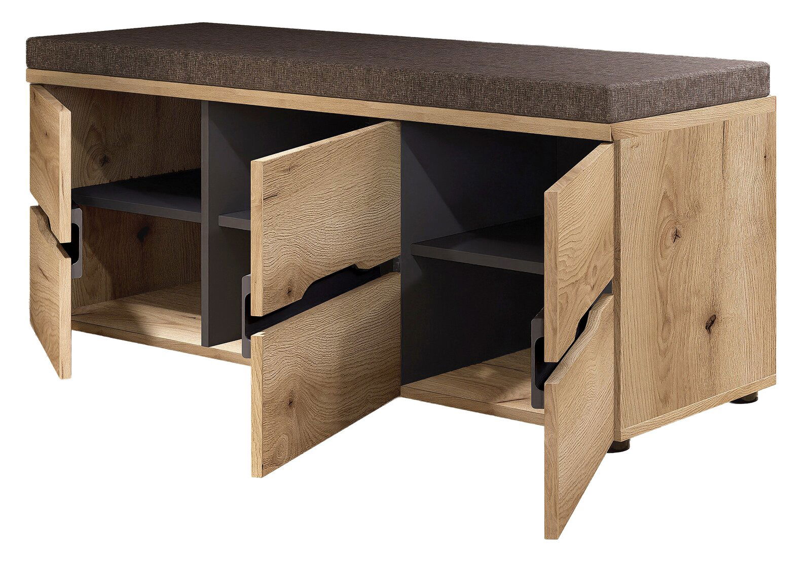 XL-Garderobenbank aus Holz mit gepolsterter Sitzfläche, offene Türen zeigen Stauraum, Perspektive von vorne links