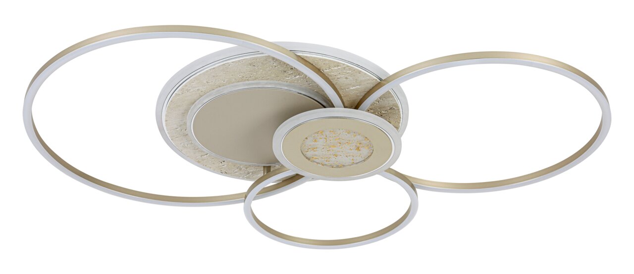 Moderne led-plafondlamp met drie in elkaar verweven ringen, zijaanzicht