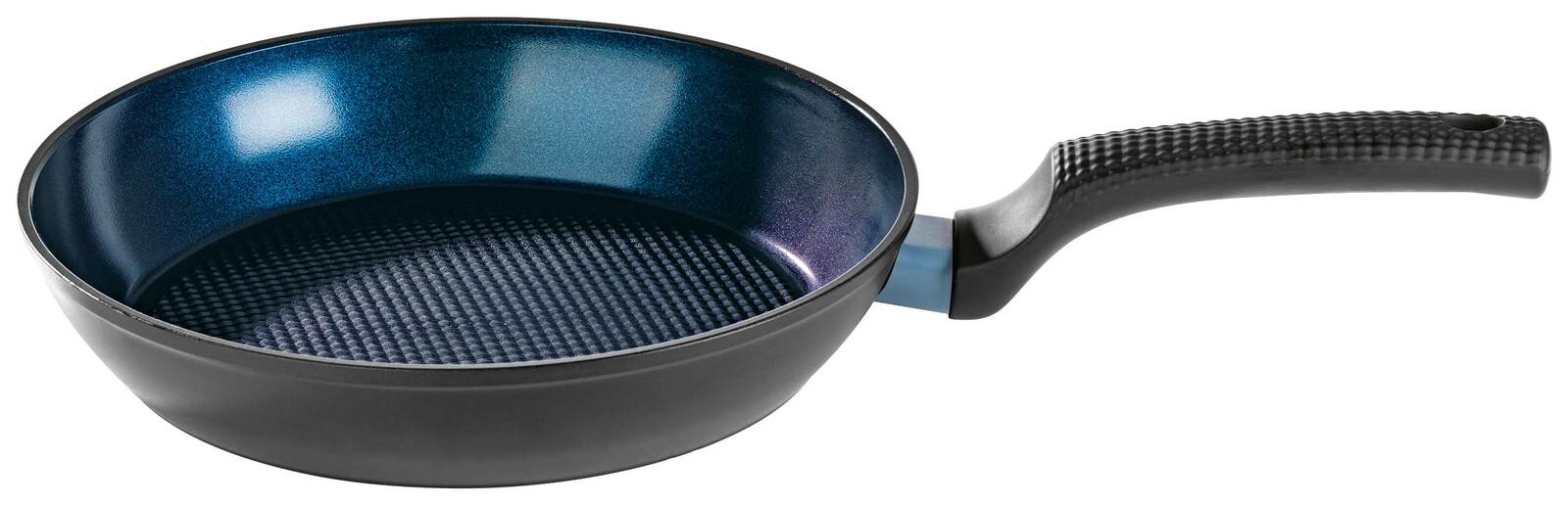 Schwarze Bratpfanne mit blauem Innenbeschichtung und strukturiertem Griff, seitliche Perspektive