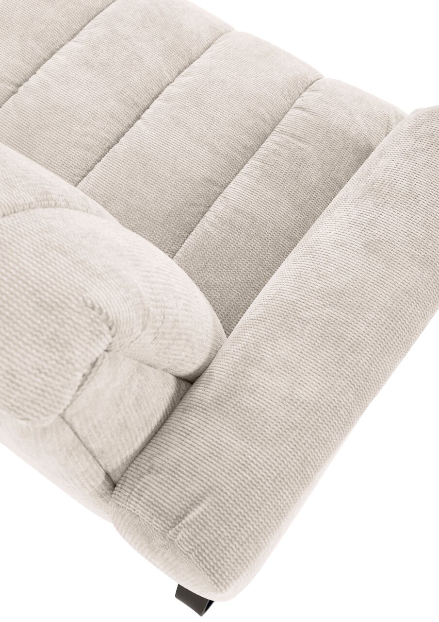 Nahaufnahme einer beigen 2er-Sitzbank mit weichem Stoffbezug, von oben betrachtet.