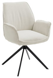 Moderner Armlehnstuhl mit cremefarbenem Cordbezug und schwarzem Metallgestell, seitliche Perspektive