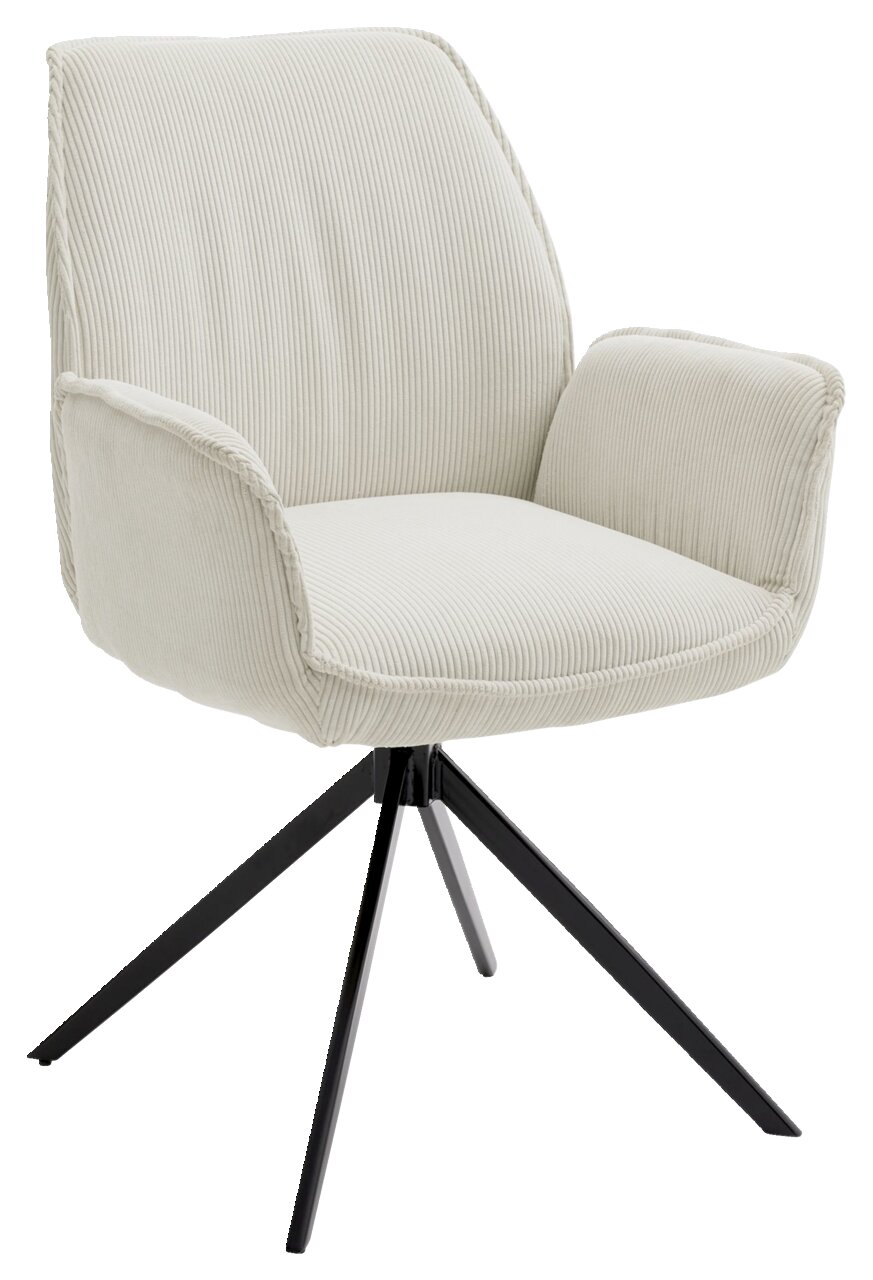 Moderne fauteuil met crèmekleurige corduroy bekleding en een zwart metalen frame, zijaanzicht