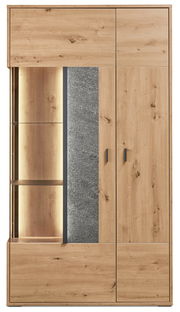 Vitrine aus Holz mit Glaselementen und Beleuchtung, Frontalansicht