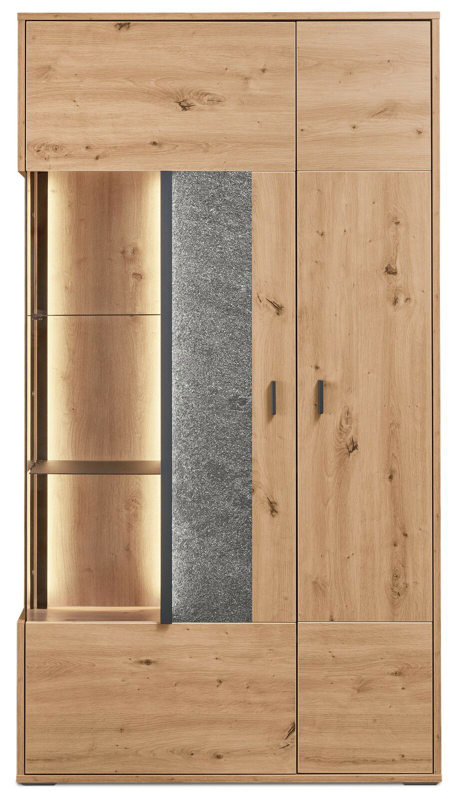 Vitrine aus Holz mit Glaselementen und Beleuchtung, Frontalansicht