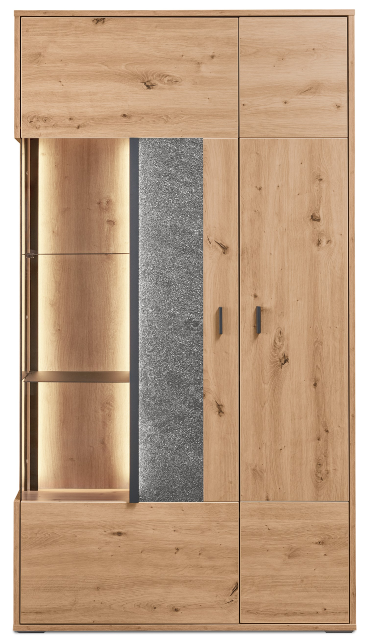 Vitrine aus Holz mit Glaselementen und Beleuchtung, Frontalansicht