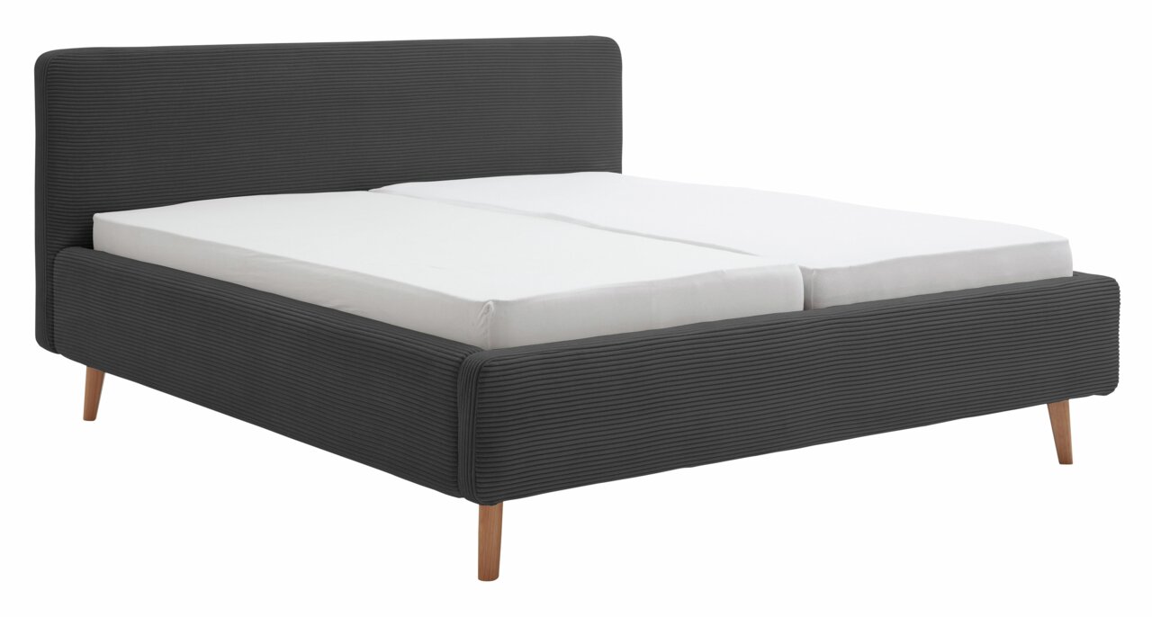 XORA Polsterbettgestell MATTIS Polsterbettgestell in dunklem Stoff mit Holzfüßen, seitliche Perspektive