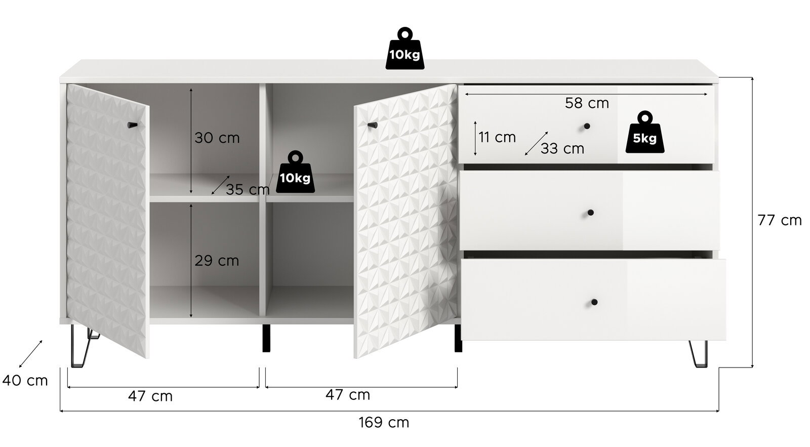 Weiße Sideboard-Kommode mit zwei geöffneten Türen (3D-Strukturfront) und drei Schubladen, Maßangaben eingeblendet (B 169 cm, H 77 cm, T 40 cm), Ansicht von vorne in leichter Schrägperspektive.