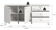 Weiße Sideboard-Kommode mit zwei geöffneten Türen (3D-Strukturfront) und drei Schubladen, Maßangaben eingeblendet (B 169 cm, H 77 cm, T 40 cm), Ansicht von vorne in leichter Schrägperspektive.