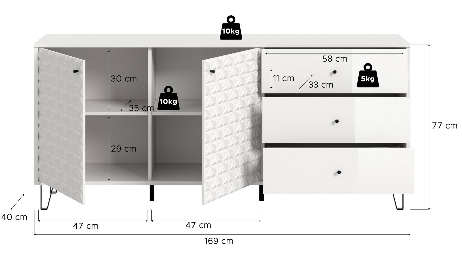 Weiße Sideboard-Kommode mit zwei geöffneten Türen (3D-Strukturfront) und drei Schubladen, Maßangaben eingeblendet (B 169 cm, H 77 cm, T 40 cm), Ansicht von vorne in leichter Schrägperspektive.
