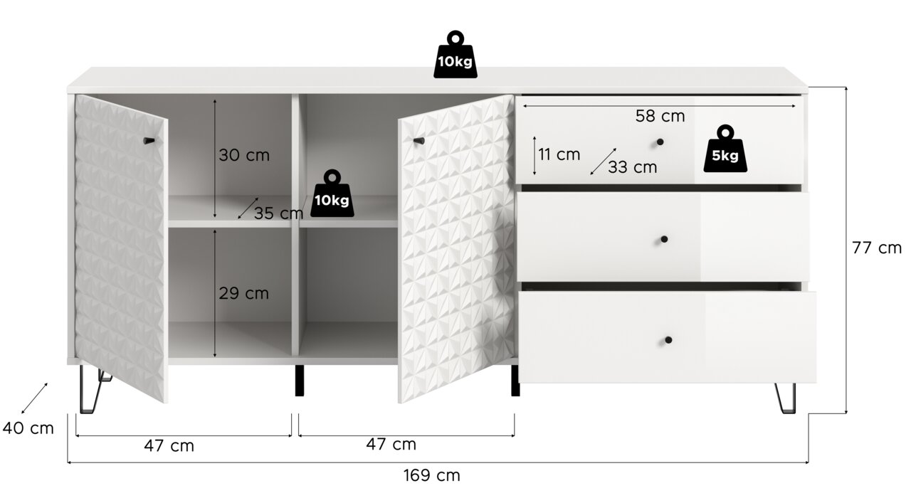 Weiße Sideboard-Kommode mit zwei geöffneten Türen (3D-Strukturfront) und drei Schubladen, Maßangaben eingeblendet (B 169 cm, H 77 cm, T 40 cm), Ansicht von vorne in leichter Schrägperspektive.