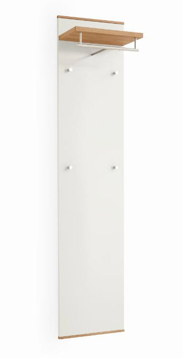 Garderobenpaneel der Serie LOVENO von VOSS in seitlicher Perspektive, mit weißer Front, vier Haken und einer oberen Ablage aus Holz.