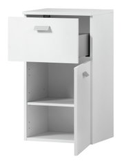 Weißer Unterschrank mit einer offenen Schublade und einer offenen Tür, die zwei Regalfächer zeigt, Perspektive von vorne