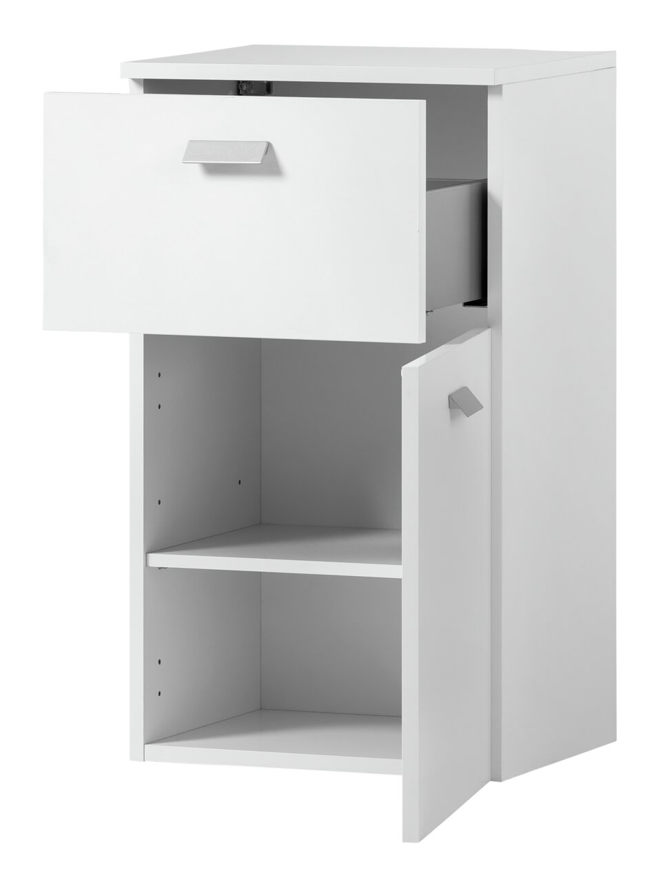 Weißer Unterschrank mit einer offenen Schublade und einer offenen Tür, die zwei Regalfächer zeigt, Perspektive von vorne