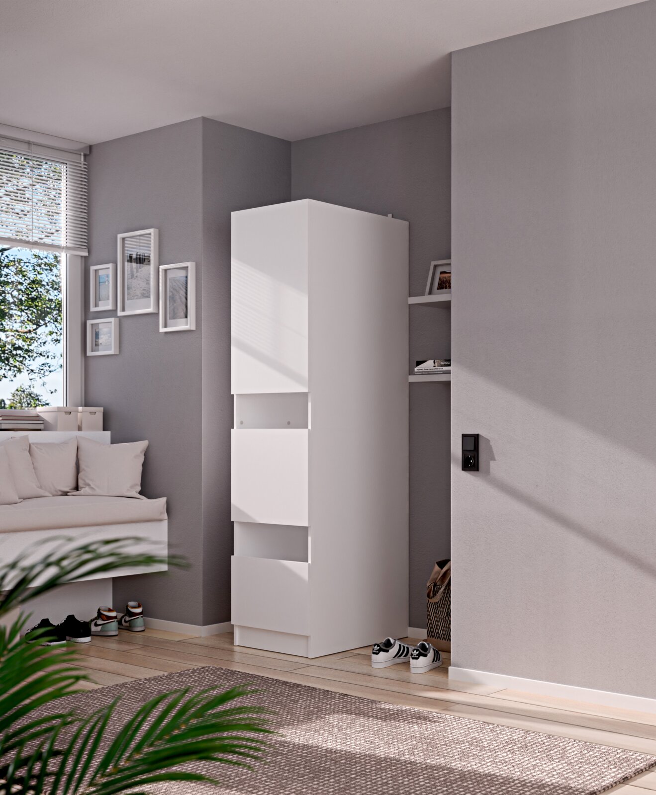MID.YOU Wäscheschrank SMART Weißer, hoher Schuhschrank mit drei Klappfächern im Flur/Schlafzimmer, fotografiert in leichter Seitenansicht (3/4-Perspektive) von vorne links.