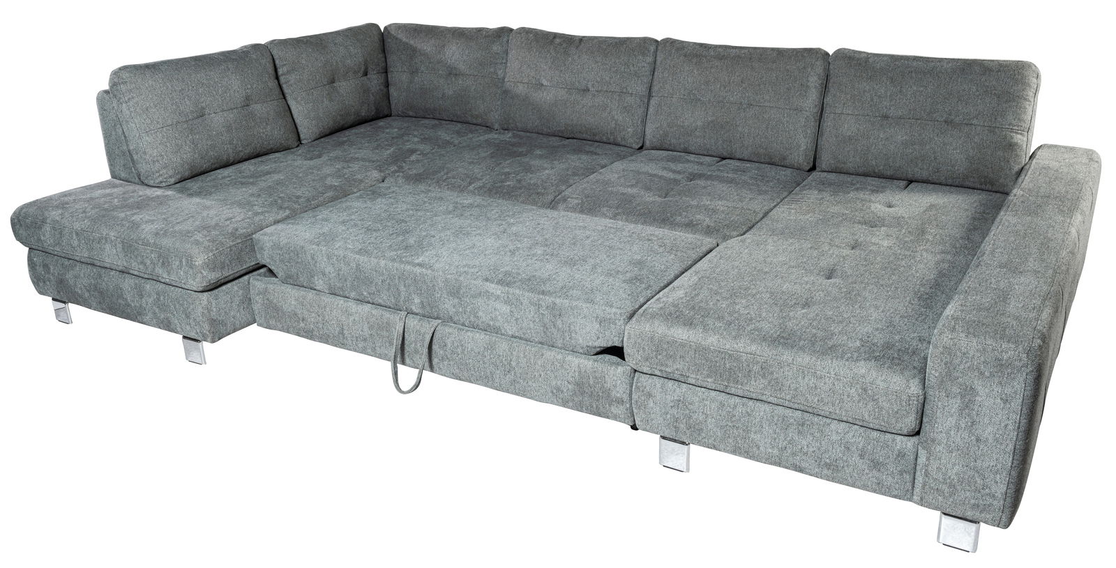Graues Ecksofa mit Schlaffunktion, Perspektive von oben rechts