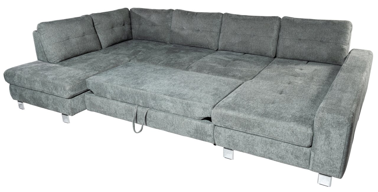 Graues Ecksofa mit Schlaffunktion, Perspektive von oben rechts