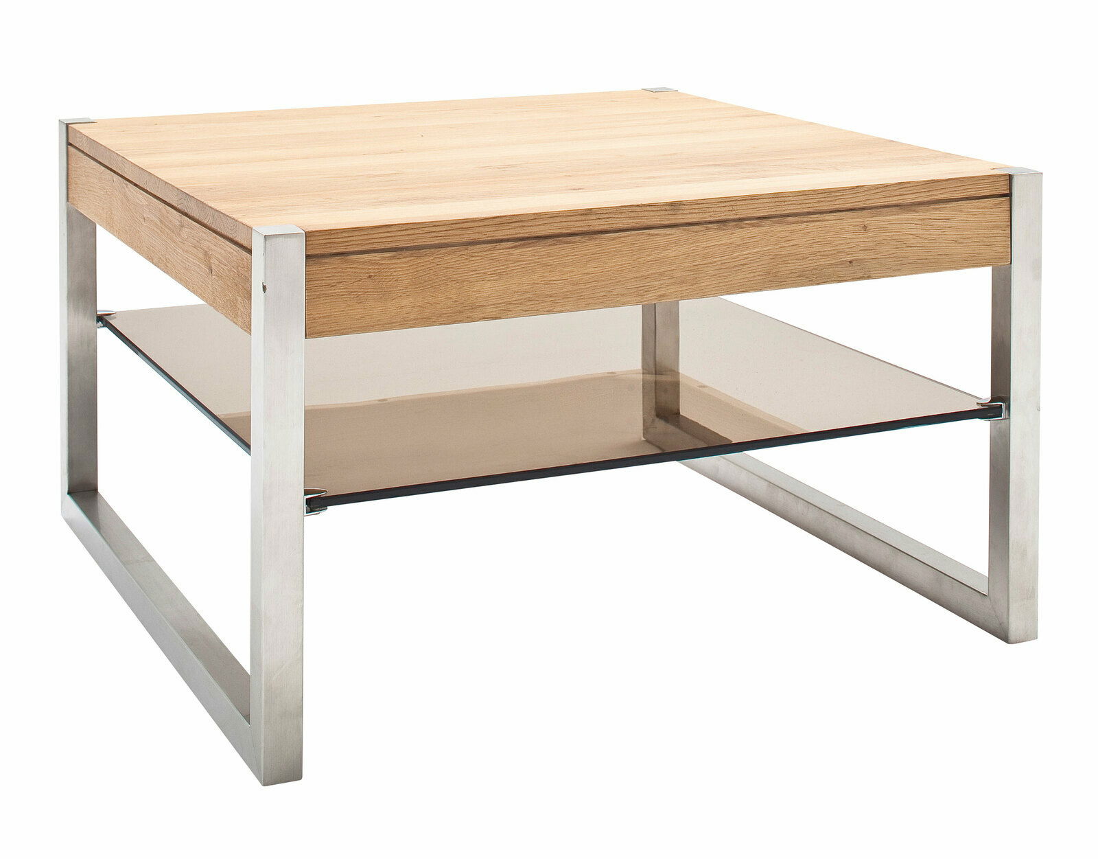 Moderner Couchtisch MIGEL mit Holzplatte und Metallrahmen, seitliche Perspektive