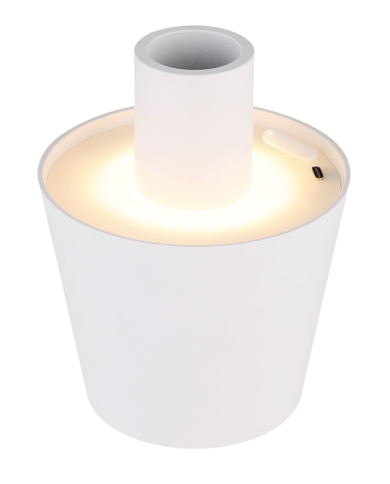 Weiße Akku-Aufsatzleuchte VANNIE mit zylindrischem Design, leuchtend von oben betrachtet.