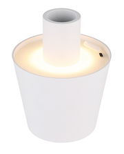 Weiße Akku-Aufsatzleuchte VANNIE mit zylindrischem Design, leuchtend von oben betrachtet.