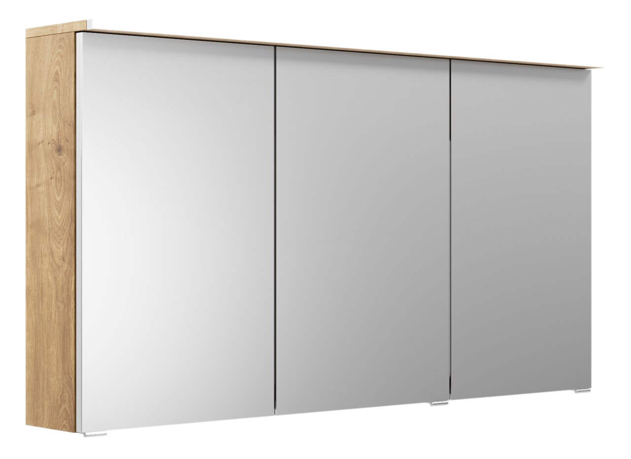 Spiegelschrank mit drei Türen und Holzseitenansicht, perspektivisch von links