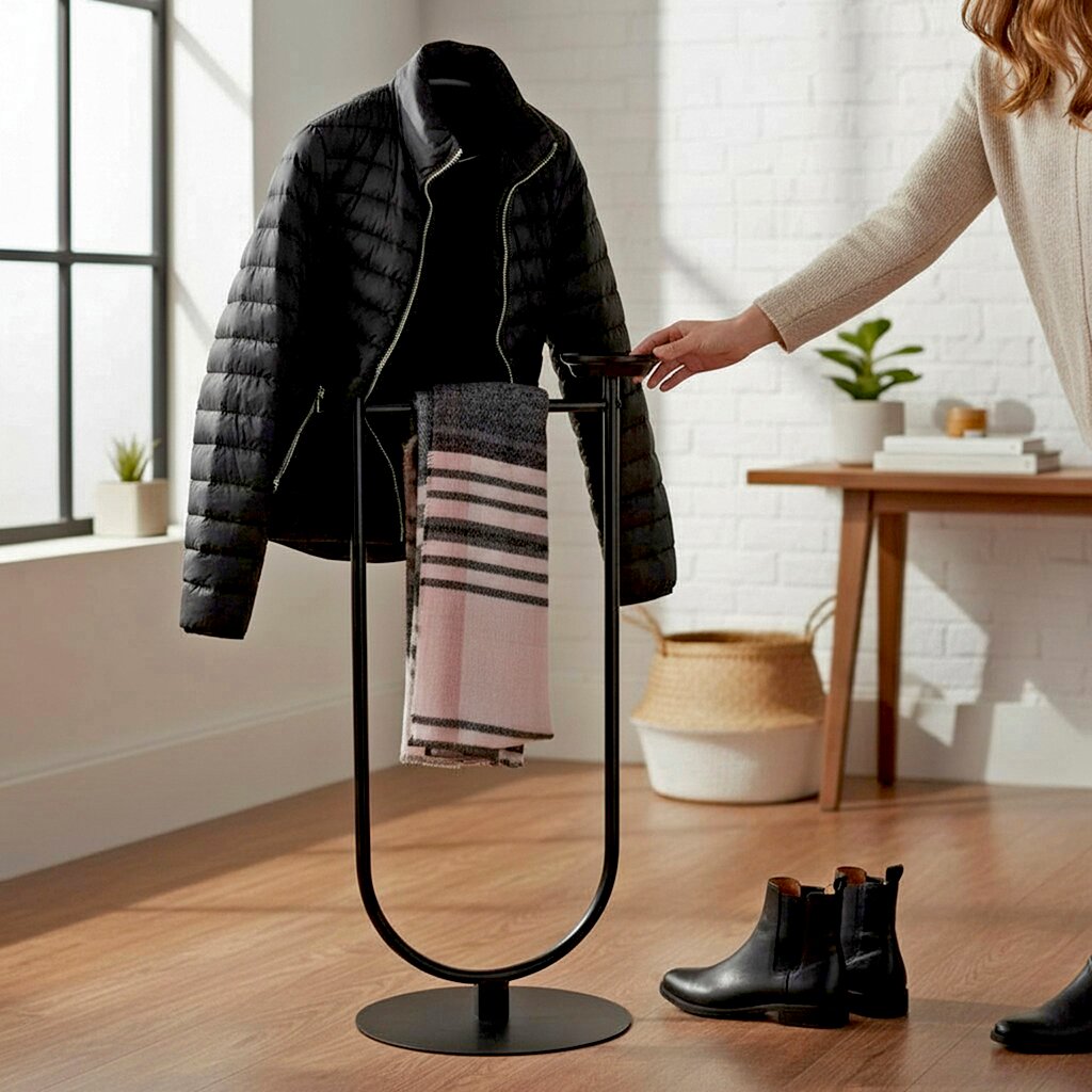 Schwarzer freistehender Kleiderständer mit runder Bodenplatte, darauf eine schwarze Steppjacke und ein rosa-grau gestreifter Schal; Innenraum-Szene aus frontaler Perspektive auf das Produkt.