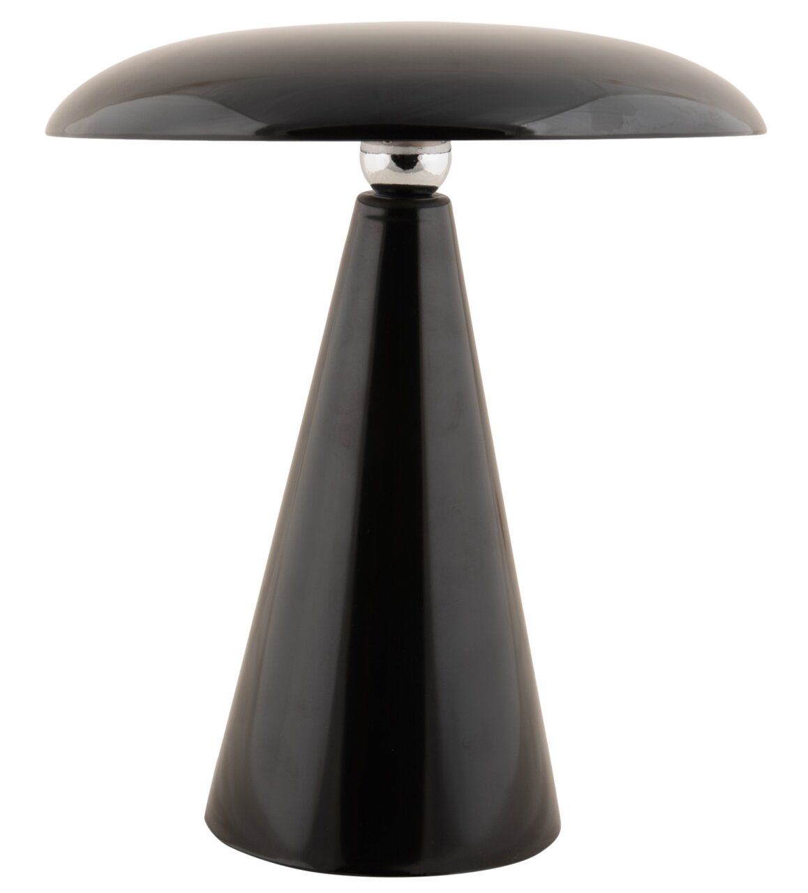 Schwarze LED Akku Tischleuchte in konischer Form, seitliche Perspektive