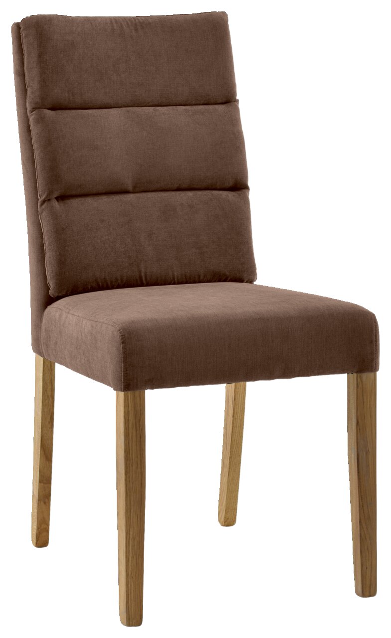 Brauner Polsterstuhl mit Holzbeinen, seitliche Perspektive