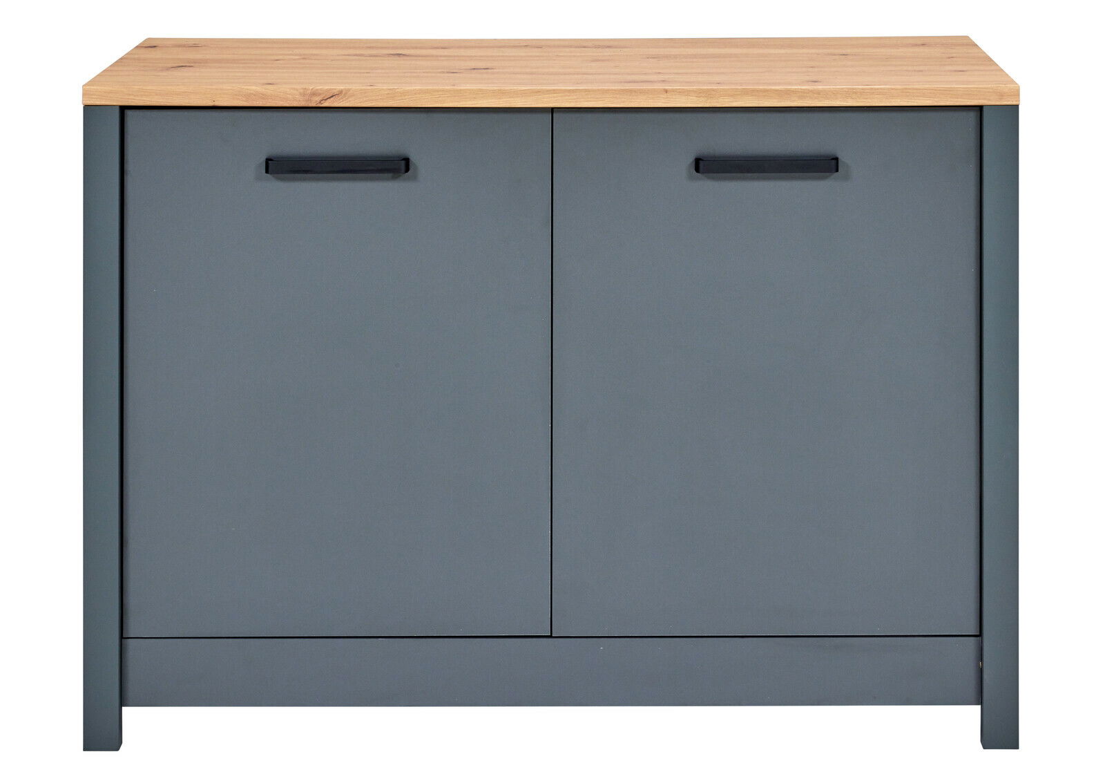 Spülenunterschrank mit grauen Türen und Holzplatte, Frontalansicht