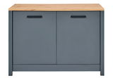 Spülenunterschrank mit grauen Türen und Holzplatte, Frontalansicht