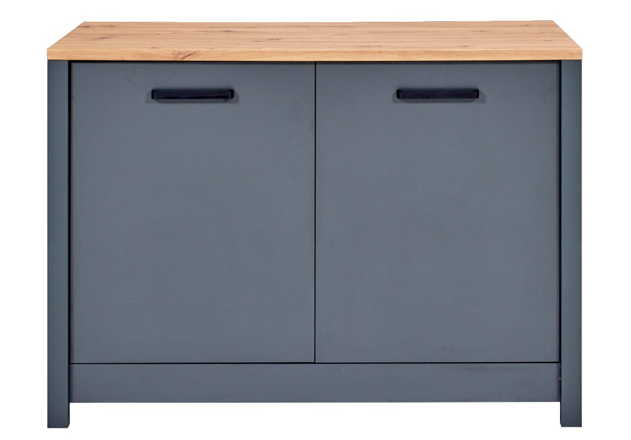 Spülenunterschrank mit grauen Türen und Holzplatte, Frontalansicht