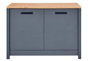 Spülenunterschrank mit grauen Türen und Holzplatte, Frontalansicht