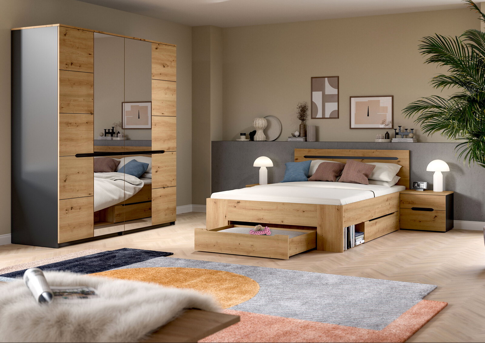 Modernes Schlafzimmer-Set in Eiche-Optik mit Bett inklusive ausziehbarem Bettkasten, Nachttisch und Kleiderschrank mit Spiegeltüren, gezeigt in schräger Frontansicht im eingerichteten Raum.
