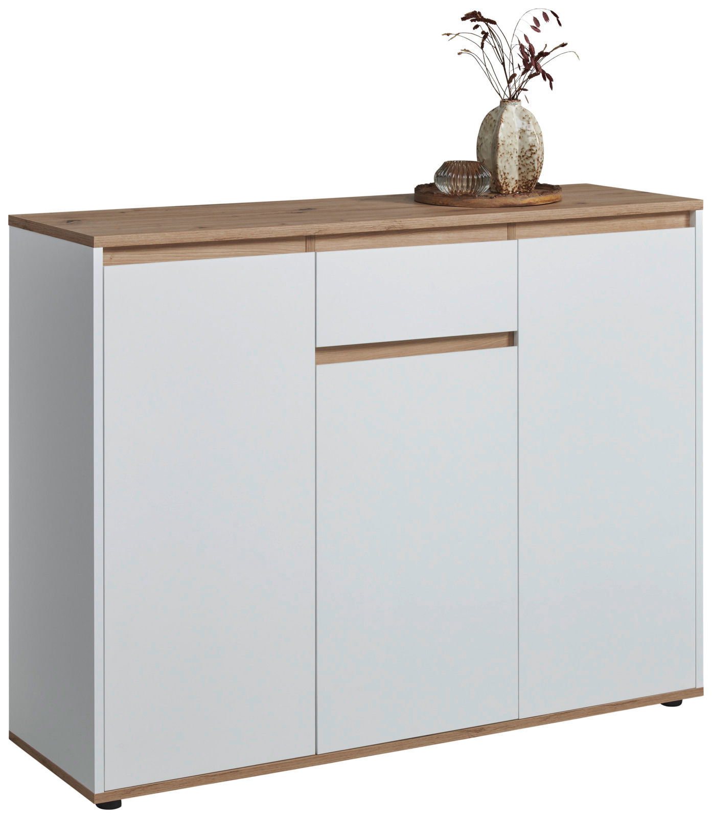 Carryhome Sideboard MALEA Modernes Sideboard mit weißer Front und Holzoberfläche, dekoriert mit einer Vase, seitliche Perspektive