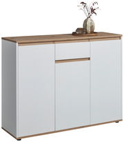 Modernes Sideboard mit weißer Front und Holzoberfläche, dekoriert mit einer Vase, seitliche Perspektive