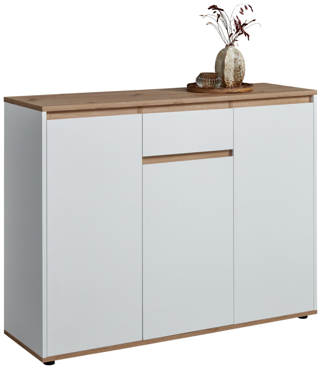 Carryhome Sideboard MALEA Modernes Sideboard mit weißer Front und Holzoberfläche, dekoriert mit einer Vase, seitliche Perspektive