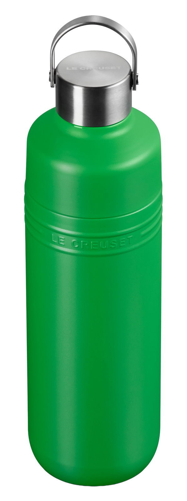 Grüne Trinkflasche mit Edelstahlverschluss und Tragegriff, Frontalansicht