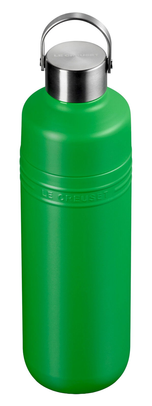 Grüne Trinkflasche mit Edelstahlverschluss und Tragegriff, Frontalansicht