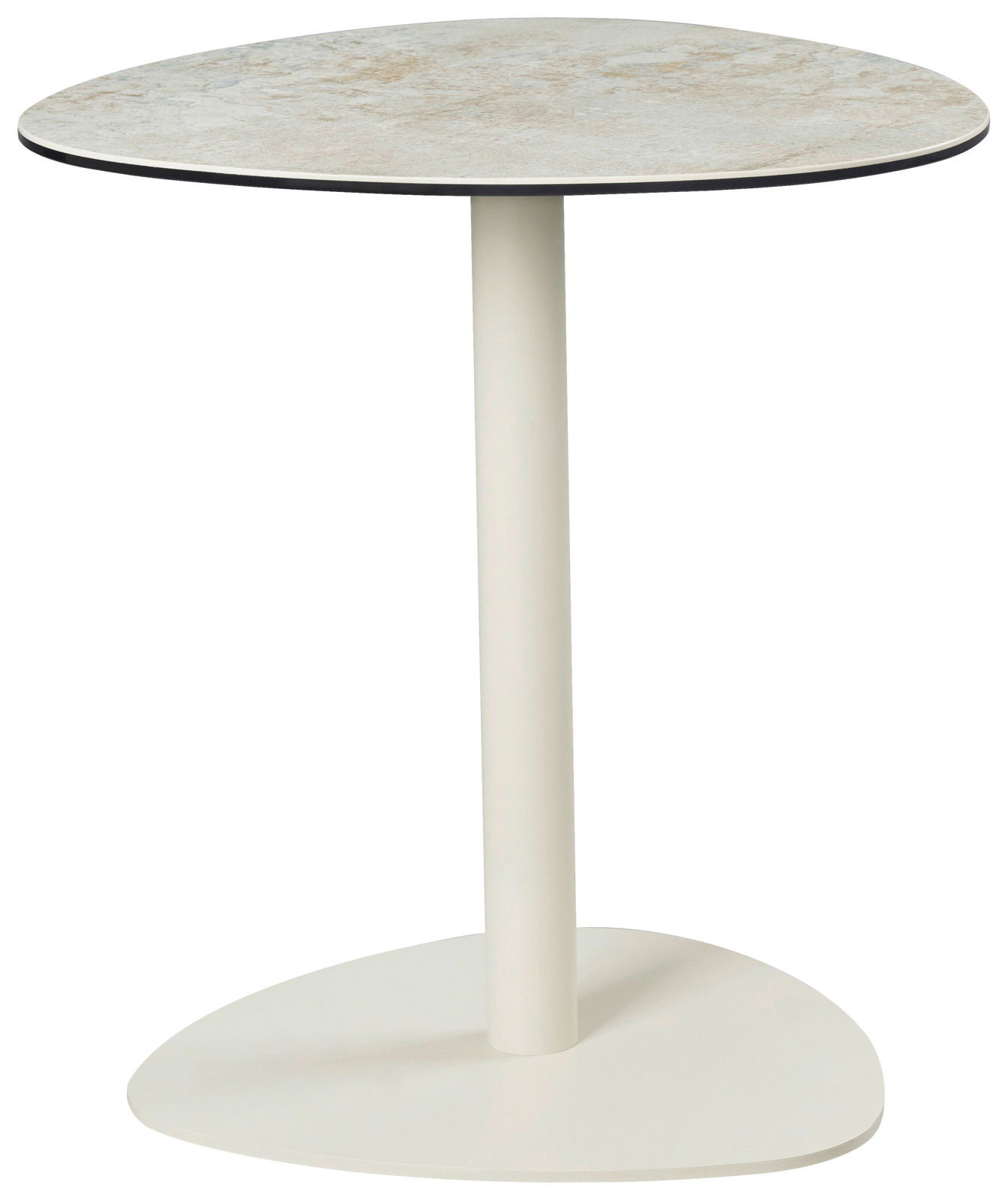 Moderner Beistelltisch mit runder Tischplatte und schlankem, zentralem Standfuß, seitliche Perspektive