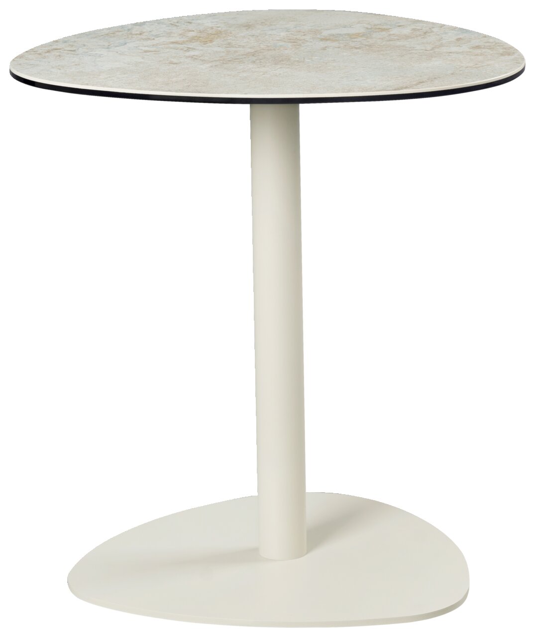 Moderne bijzettafel met rond tafelblad en slanke, centrale poot, zijaanzicht